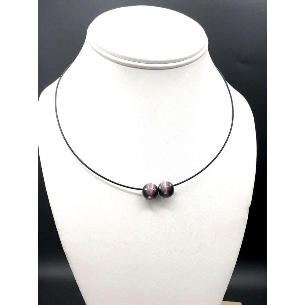 Cats Eye Necklace Pave Crystal Purple Double Ball Pendant 17 inch Black‎ Cable